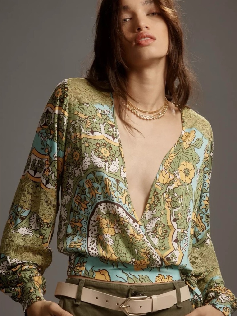 Anthro Tiny Long-Sleeve Printed V-Neck Wrap Top Boho Aqua and Green Size Medium